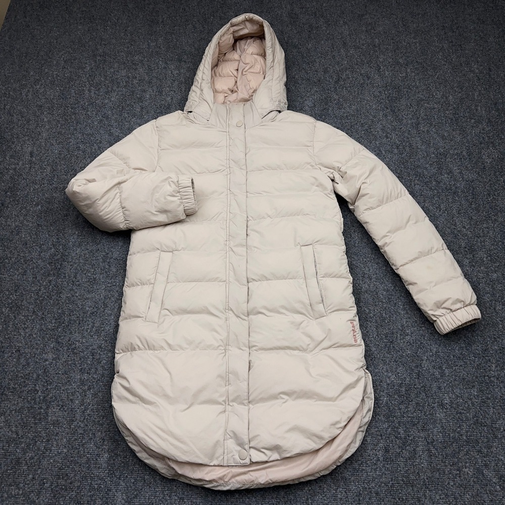 prAna Emerald Valley Jacket Women XS Beige Longline Hooded Down Puffer 1962221